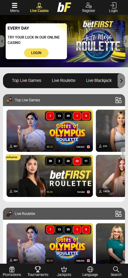 BetFIRST Casino mobile lobby