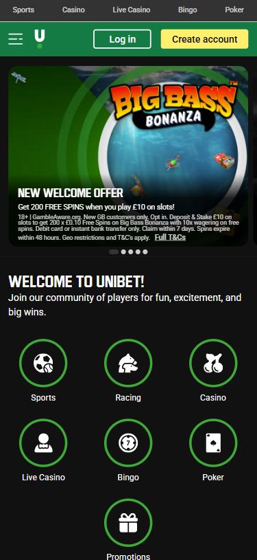 Unibet Casino mobile home